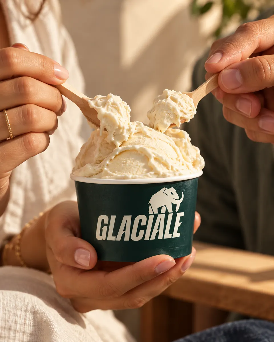 Duas pessoas dividindo um pote de gelato de leite fresco com colheres de madeira