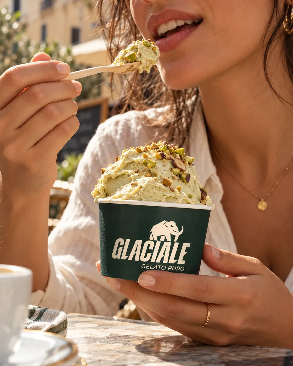 Mulher saboreando gelato de pistache Lobo Alfa no pote Glaciale